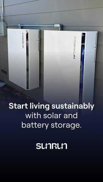 Two white FranklinWH home batteries installed on a grey house wall with a conduit pipe, with Start living sustainably text