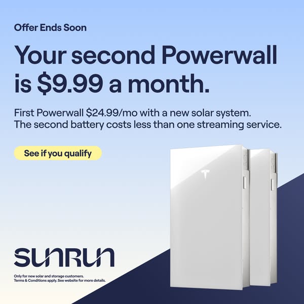 Two white Tesla Powerwall batteries on a light blue and navy background with a $9.99 a month second battery offer