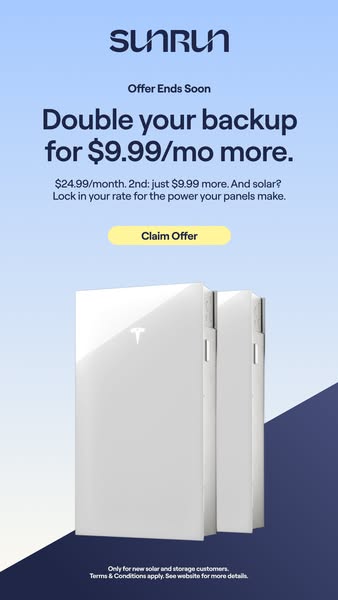 Two white Tesla Powerwall batteries on a light blue and navy background with a Double your backup for $9.99 offer