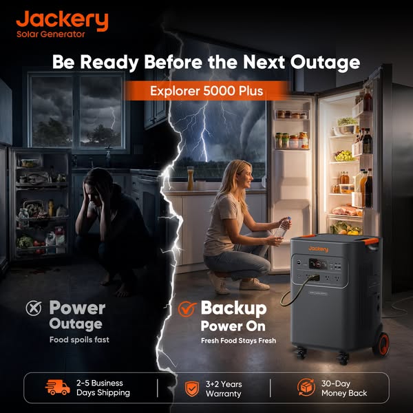 Split kitchen: stressed woman by a dark fridge in a storm vs. smiling woman at a lit fridge powered by a Jackery generator