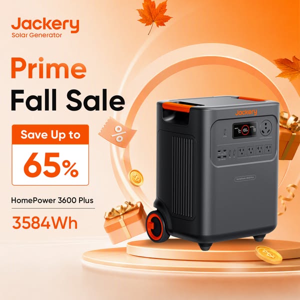 Jackery HomePower 3600 Plus on a podium with autumn leaves, gift boxes and a 'Save up to 65%' badge on an orange background