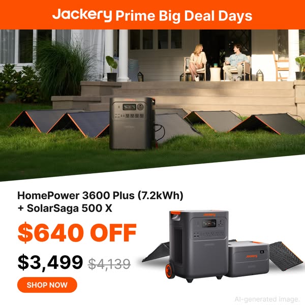 Couple on a porch with Jackery HomePower unit and solar panels on the lawn, bundle product shot and $640 off price below