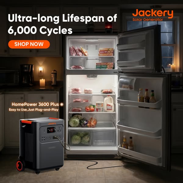 Open, well-stocked fridge in a dark kitchen lit by candles, powered by a Jackery HomePower 3600 Plus during a storm
