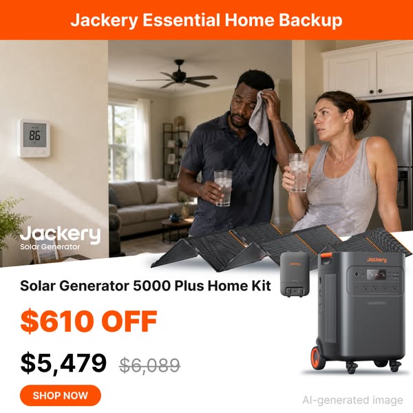 Sweaty couple holding iced water next to a thermostat showing 86, with Jackery Solar Generator 5000 Plus kit and $610 off