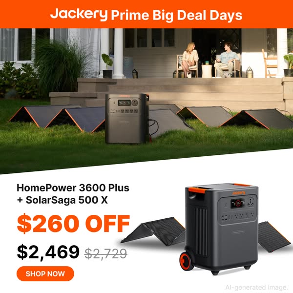 Couple on a porch with a Jackery unit and solar panels on the lawn, HomePower 3600 Plus and two panels, $260 off price