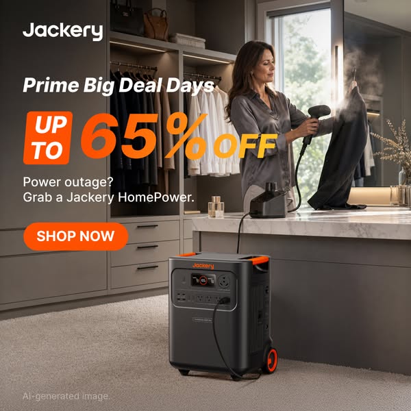 Woman steaming a jacket in a walk-in closet with a Jackery HomePower unit plugged in, 'Up to 65% Off' text on the left