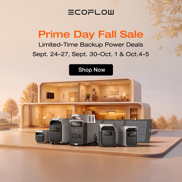 EcoFlow power stations and a solar panel in front of a cut-away home, with Prime Day Fall Sale text and Shop Now button