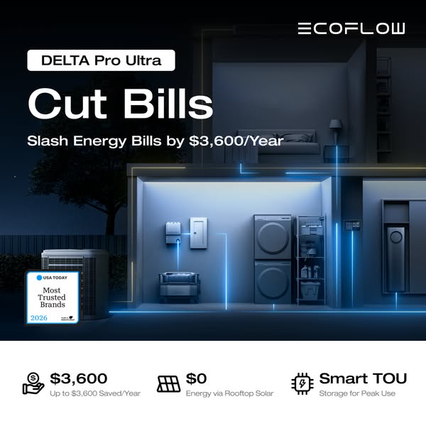 Night cut-away of a house with glowing blue lines linking a home battery to appliances, with Cut Bills headline and icons