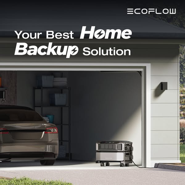 EcoFlow home battery on a wheeled cart inside an open garage beside a parked EV, with Your Best Home Backup Solution headline