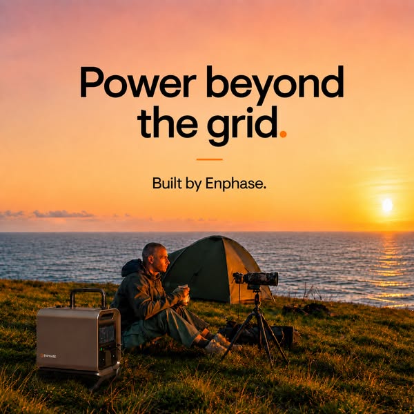 Man camping on a seaside cliff at sunset next to an Enphase portable power station, tent and camera on a tripod