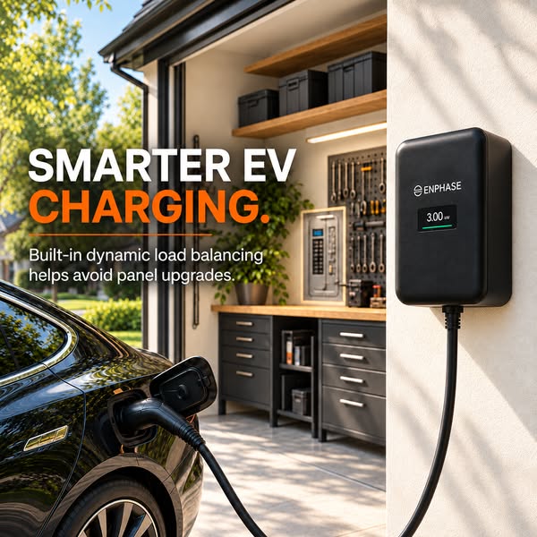 Enphase wall EV charger showing 3.00 kW beside an open garage while a black electric car charges in the driveway