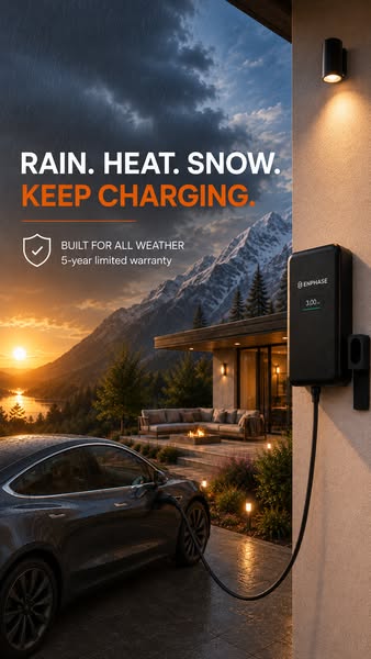 Enphase EV charger on the outside wall of a mountain home at sunset charging a dark electric car, with a warranty badge