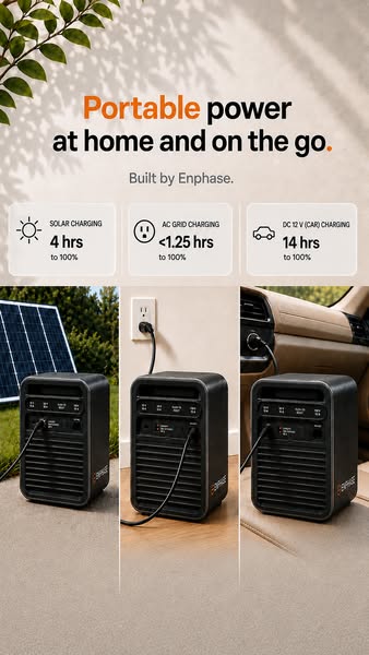 Enphase portable power station shown charging from solar panels, a wall outlet and a car socket, with charge times