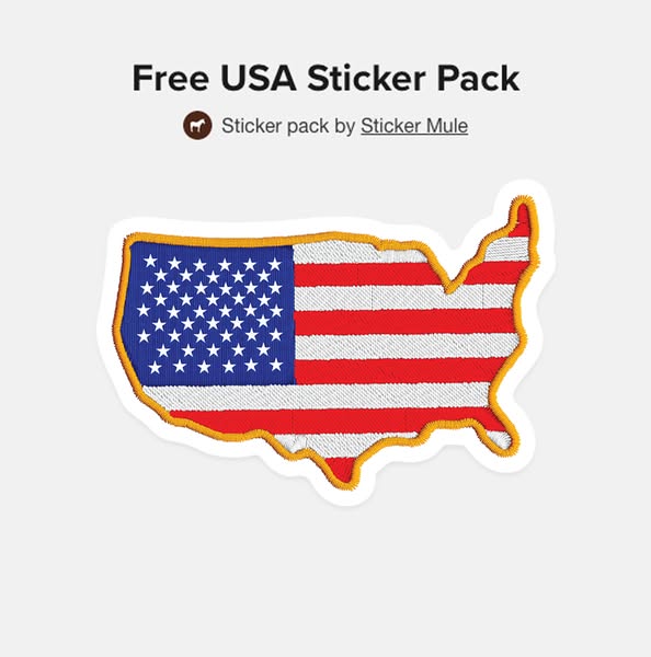 Sticker of United States map with stars and stripes in embroidered patch style, gold border, title Free USA Sticker Pack