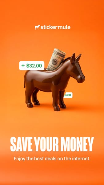 Glossy brown mule piggy bank with rolled dollar bill and +$32.00 labels on orange, text Save Your Money