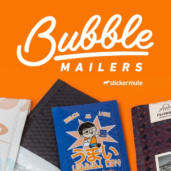 Row of custom printed bubble mailers in black, blue anime and dark pattern designs on orange, script text Bubble Mailers