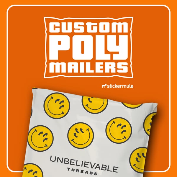 White poly mailer with yellow smiley face pattern and Unbelievable Threads text on orange, badge headline Custom Poly Mailers