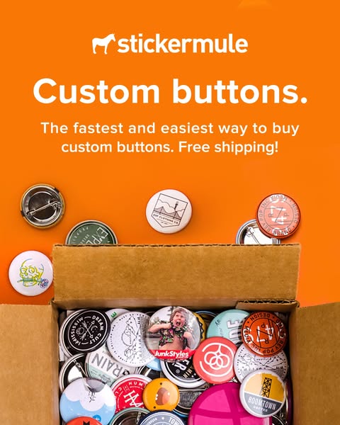 Open cardboard box full of colourful custom pin-back buttons on orange with text Custom buttons and Free shipping