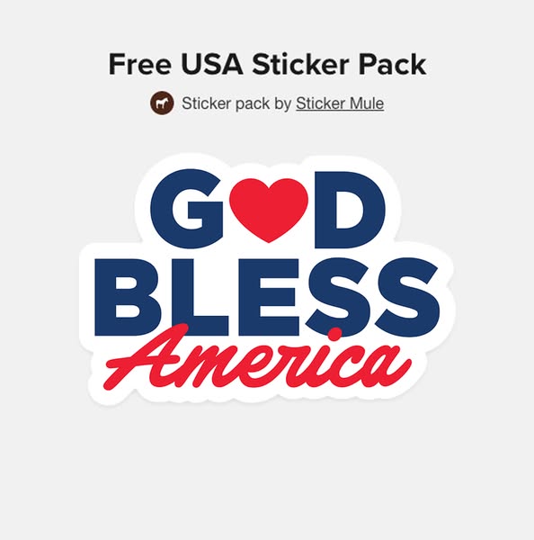 God Bless America sticker in navy and red with a heart for the O on light grey, title Free USA Sticker Pack