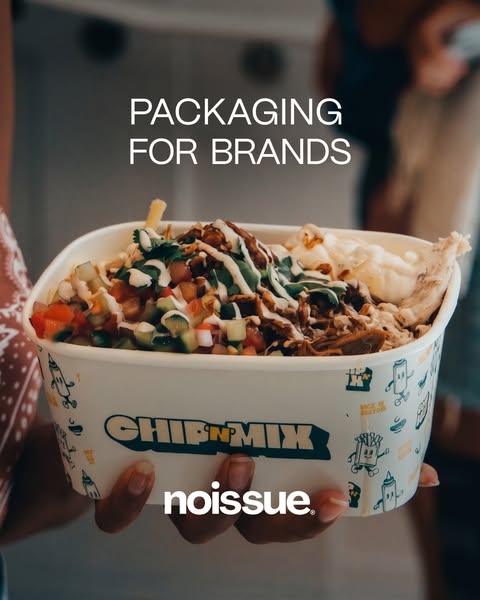 Noissue ad: two hands holding a white illustrated Chip'n'Mix bowl piled with loaded fries, salsa and sauces