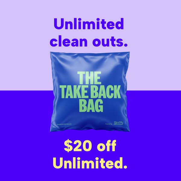 Blue Trashie Take Back Bag on a lilac and purple background with text Unlimited clean outs and $20 off Unlimited