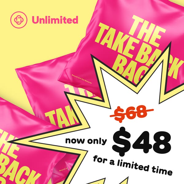 Pink Trashie Take Back Bags on yellow with a starburst showing $68 crossed out and now only $48 for a limited time