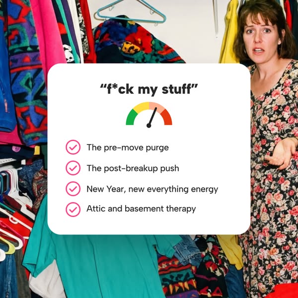 Exasperated woman in a cluttered 90s closet behind a card reading f*ck my stuff with a high gauge and four checklist items