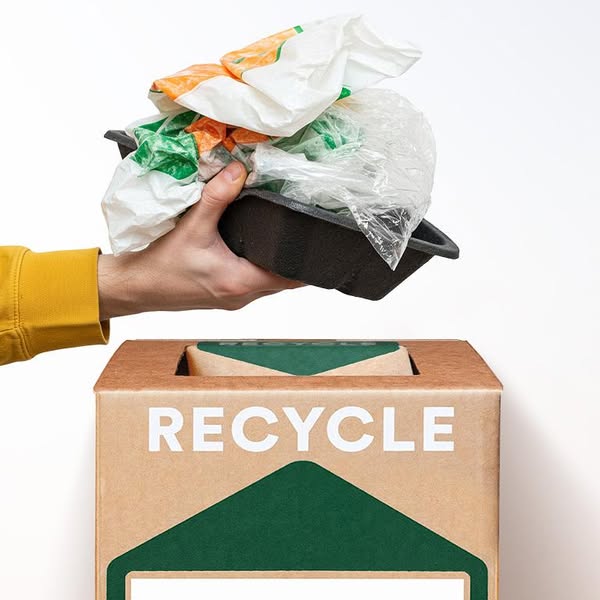 Hand in yellow sleeve holding a black takeout tray full of plastic bags above a TerraCycle RECYCLE box