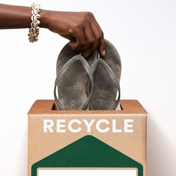 Hand with shell bracelet lowering a pair of worn grey flip-flops into a TerraCycle RECYCLE box