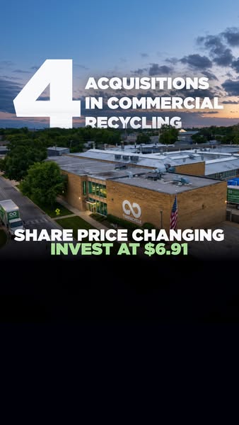 Aerial dusk view of TerraCycle headquarters with large 4 Acquisitions in Commercial Recycling text and Invest at $6.91