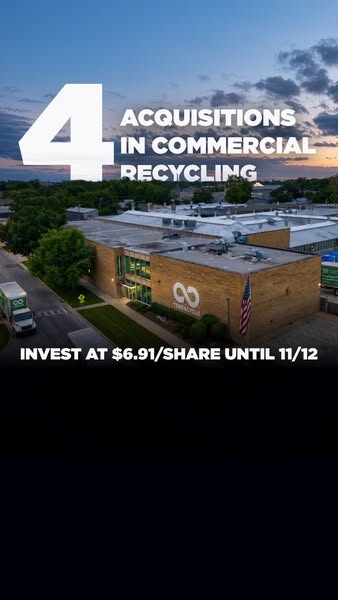 Aerial dusk view of TerraCycle HQ with 4 Acquisitions in Commercial Recycling and Invest at $6.91/share until 11/12