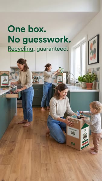 Woman and toddler placing items in a TerraCycle box in a bright kitchen under text One box. No guesswork.