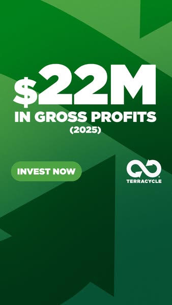 Green abstract background with large white text $22M in Gross Profits (2025), Invest Now button and TerraCycle logo