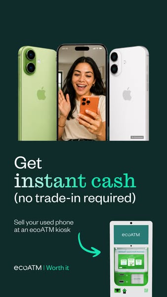 ecoATM story ad: three phones, a smiling woman on the centre screen, headline Get instant cash, no trade-in required