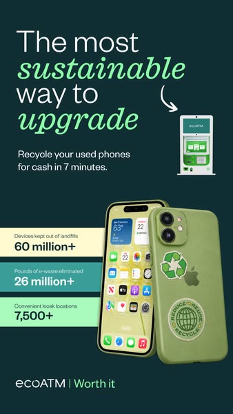 ecoATM story ad with headline The most sustainable way to upgrade, two green phones with recycling stickers and three stats