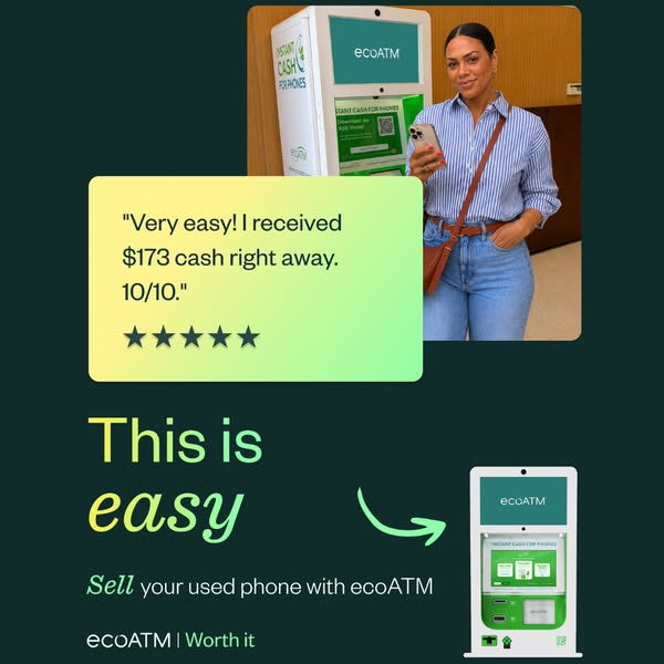ecoATM testimonial ad with a woman standing beside an ecoATM kiosk, five-star quote about receiving $173, text This is easy