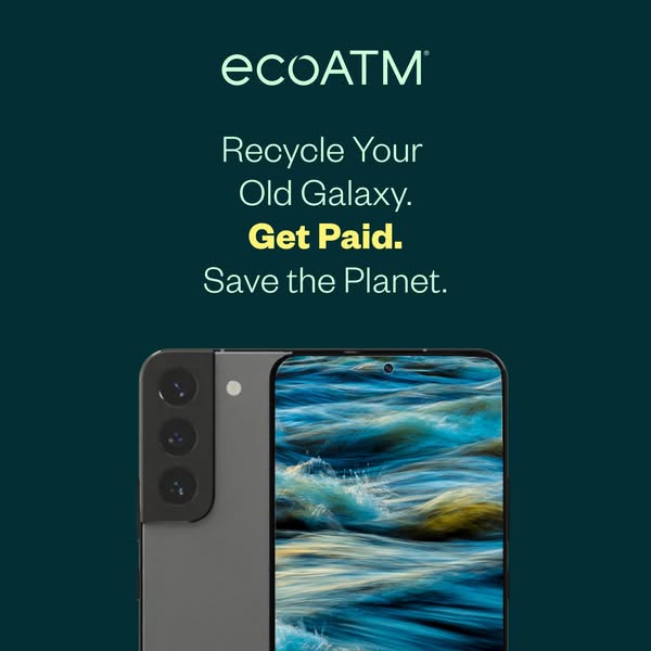 ecoATM ad with a Samsung Galaxy showing ocean water and text Recycle Your Old Galaxy. Get Paid. Save the Planet.
