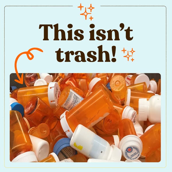 Pile of orange prescription pill bottles with white caps under a brown This isn't trash! headline on light blue