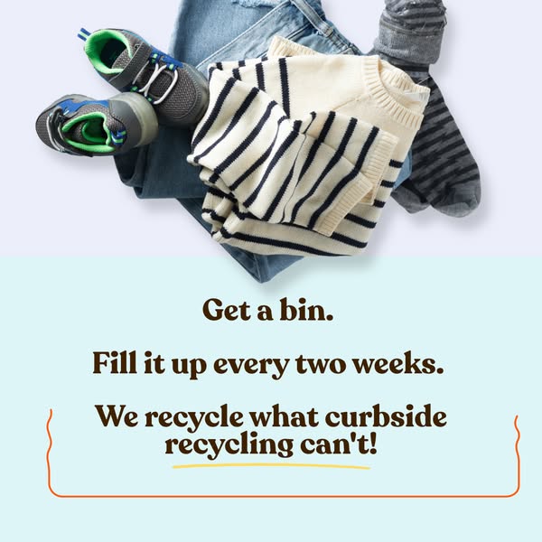 Flat lay of jeans, striped sweater, socks and kids' sneakers above three lines explaining how to get and fill a bin