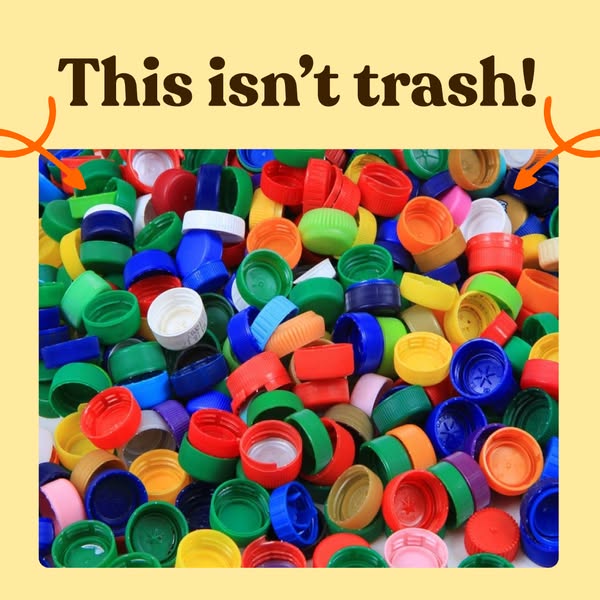 Pile of colourful plastic bottle caps in red, green, blue and yellow under a brown This isn't trash! headline on yellow