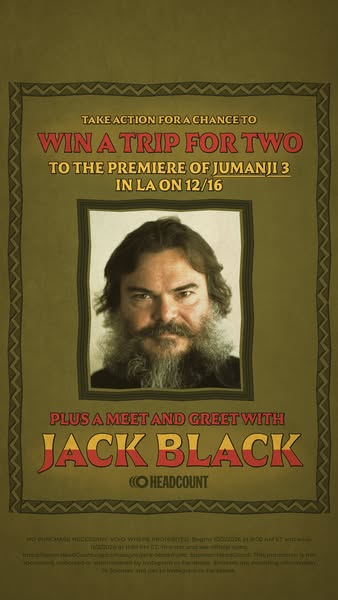 Olive green Jumanji-style board with a framed portrait of a bearded actor and red text win a trip to the premiere