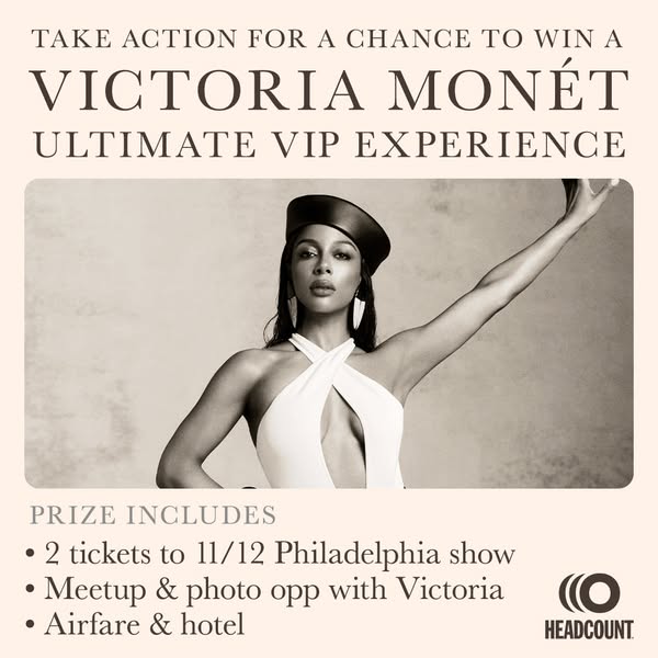 Square cream ad with serif headline Victoria Monét Ultimate VIP Experience, a black-and-white portrait and a prize list