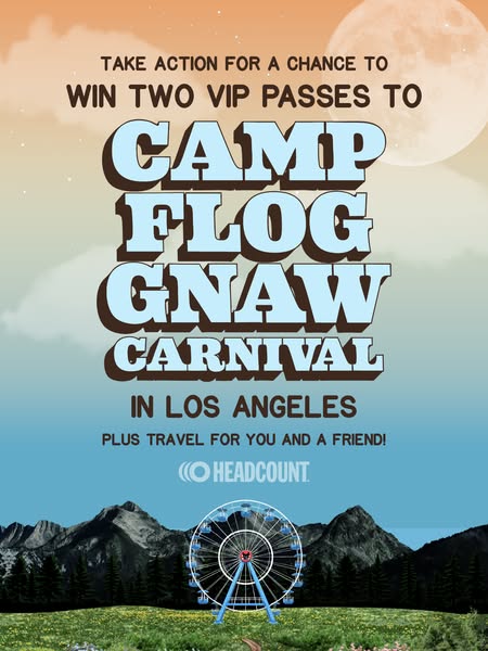 Pastel sky with a full moon, retro block letters Camp Flog Gnaw Carnival and a Ferris wheel in a meadow below mountains