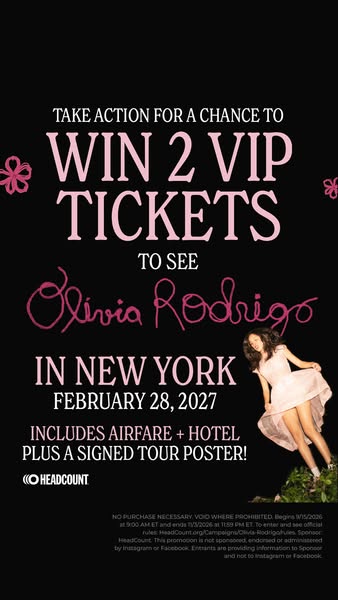 Black Stories ad with pink text win 2 VIP tickets, a handwritten artist name and a singer in a pink dress on grass