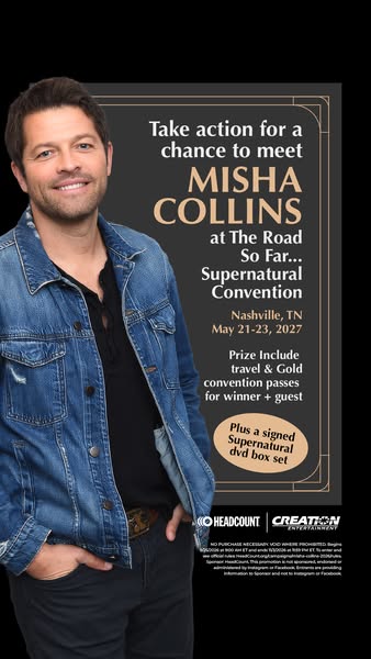 Smiling actor in a denim jacket beside a black art deco panel with gold text take action for a chance to meet Misha Collins