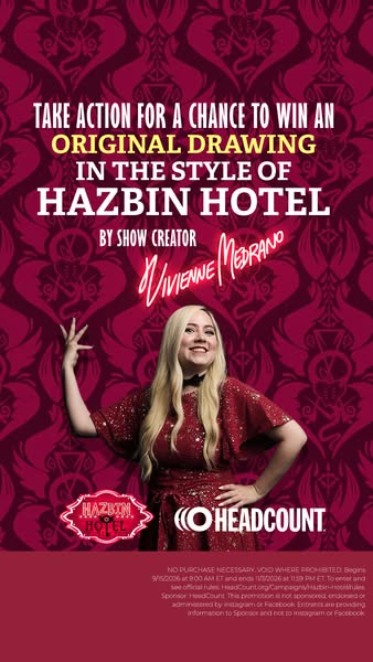 Crimson damask background with text win an original drawing in the style of Hazbin Hotel and a smiling blonde creator
