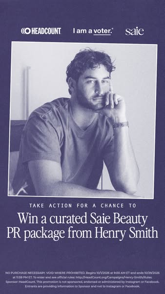 Indigo duotone portrait of a man with his chin on his hand under three logos and text win a curated Saie Beauty PR package