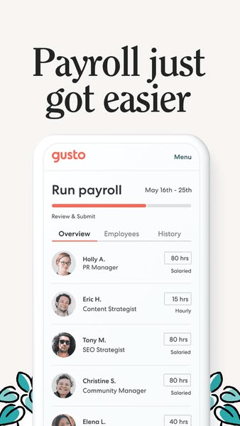 Gusto Story ad with headline Payroll just got easier above a phone showing the Run payroll screen with employee hours.