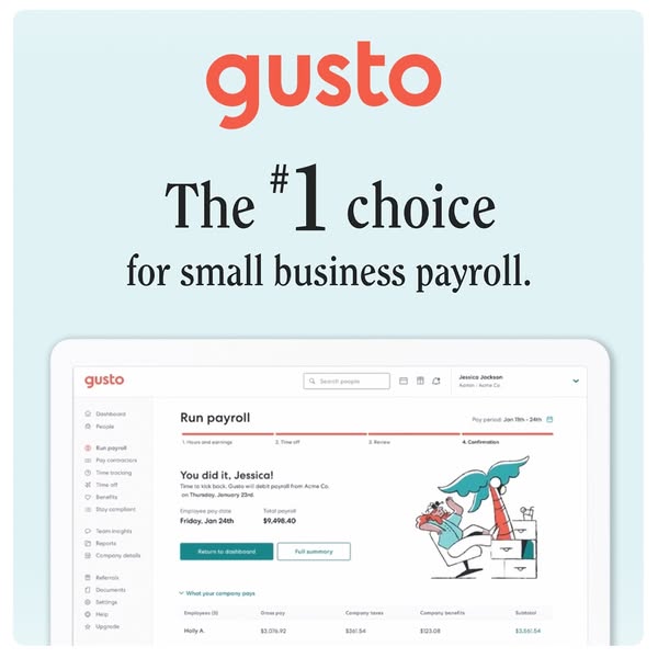 Gusto ad: The #1 choice for small business payroll, above a desktop dashboard showing a payroll confirmation.