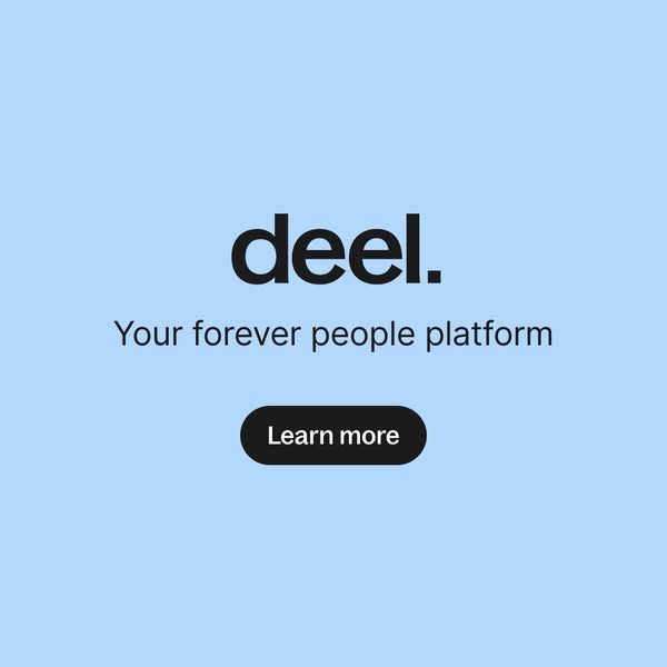 Deel logo on a light blue background with the tagline Your forever people platform and a black Learn more button